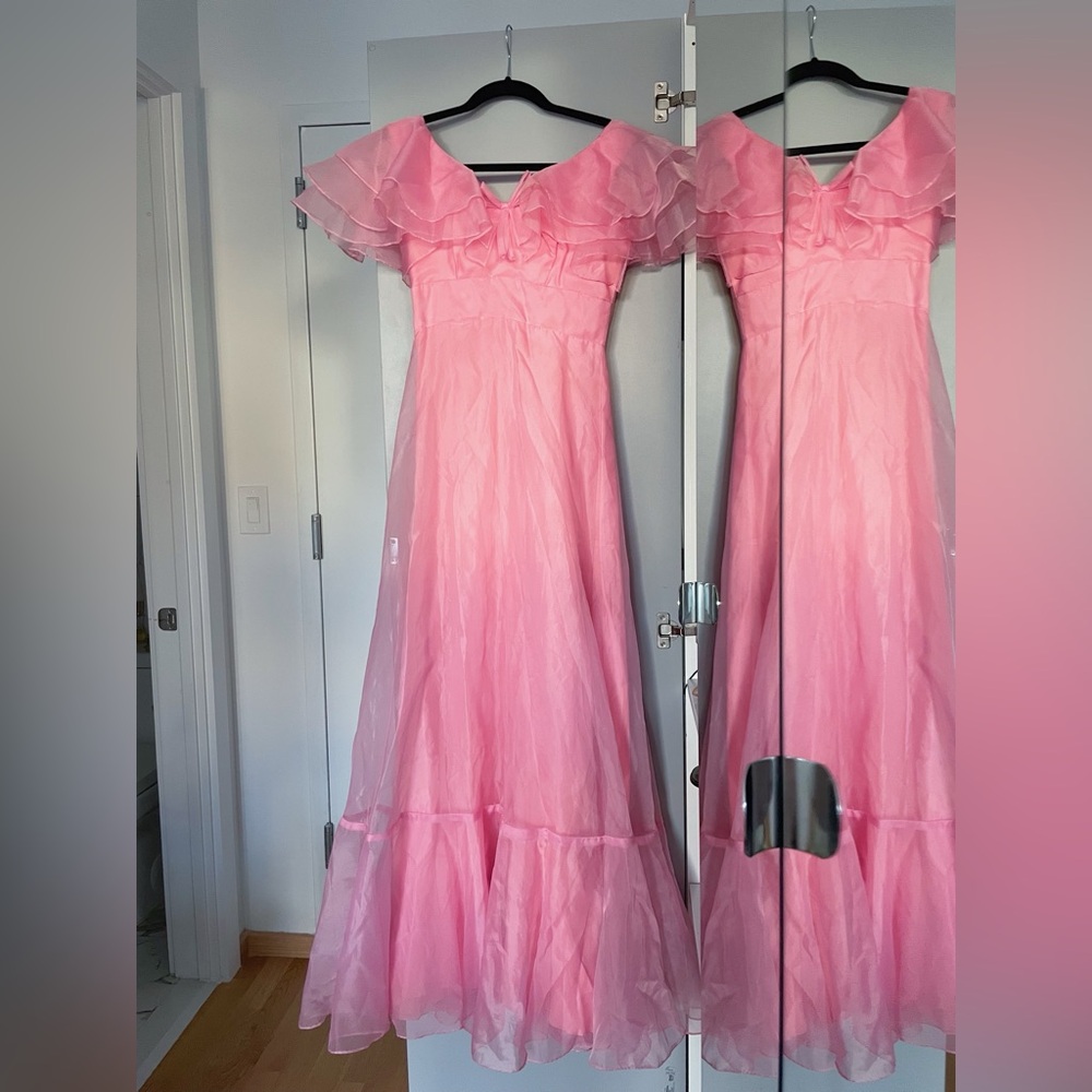 Vintage Pink Ruffle Off-Shoulder Maxi Dress XS 0